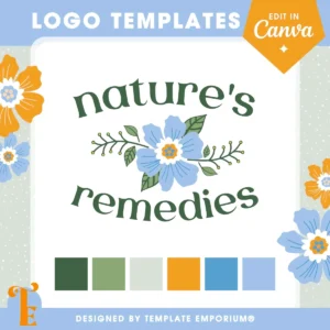 Bach flower therapist logo template | Customisable Canva logo template for natural healers and Bach flower remedy therapists** Whimsical floral logo template ideal for herbalists, flower essence practitioners, and holistic wellness brands. Features hand-drawn blue and orange botanicals with elegant, curved serif typography in a calming green. Includes an earthy and cheerful colour palette of forest green, sage, sunflower orange, and cornflower blue. Perfect for therapists offering Bach flower remedies, homeopathy, or natural remedies. Fully editable in Canva. Designed by Template Emporium.