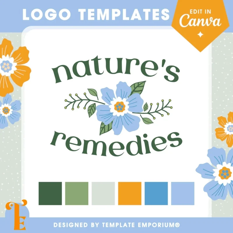 Bach-Flower-Therapist-Logo-Template-1 Bach flower therapist logo template | Customisable Canva logo template for natural healers and Bach flower remedy therapists** Whimsical floral logo template ideal for herbalists, flower essence practitioners, and holistic wellness brands. Features hand-drawn blue and orange botanicals with elegant, curved serif typography in a calming green. Includes an earthy and cheerful colour palette of forest green, sage, sunflower orange, and cornflower blue. Perfect for therapists offering Bach flower remedies, homeopathy, or natural remedies. Fully editable in Canva. Designed by Template Emporium.