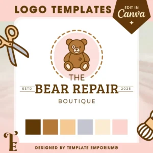 Bear repair logo template | Editable Canva logo template for teddy bear repair businesses or soft toy restoration boutiques. Features a cute, illustrated brown teddy bear with stitched detailing, set within a dashed circular badge and soft pink background. The logo includes a warm, pastel colour palette with chocolate brown, beige, blush pink, and lilac tones. Perfect for handmade toy crafters, plushie menders, or nostalgic small brands. Designed by Template Emporium.