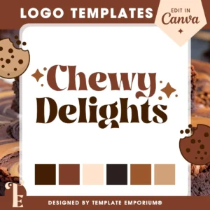 Diy branding templates for bakers | Editable Canva logo template for bakers, treat makers, and dessert brands** Charming and delicious-themed logo design for bakery businesses or cookie brands. “Chewy Delights” is styled in a retro, chunky serif font with chocolate brown tones, paired with sparkles and illustrated cookies for a fun, nostalgic feel. Includes a warm cookie-inspired colour palette ranging from rich cocoa to creamy beige. Perfect for small bakeries, sweet treat makers, dessert bloggers, or home-based food businesses looking for a cosy and inviting brand identity. Designed by Template Emporium.