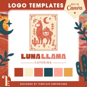 Luna llama logo template | Editable Canva logo template for catering businesses featuring a whimsical llama carrying a cloche dish, surrounded by desert plants and a crescent moon. The design includes a warm earthy colour palette with terracotta, peach, mustard, and teal. Ideal for creative food brands, pop-up chefs, or Latin-inspired culinary businesses. Designed by Template Emporium.