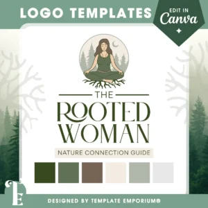 Rooted woman logo template | Canva-editable logo template for nature coaches, mindfulness guides, or spiritual women-led brands. Features a peaceful illustrated woman meditating with tree roots extending from her seated position, symbolising grounding and deep nature connection. Surrounded by pine trees and earthy tones, the design includes a forest-inspired colour palette with olive green, moss, taupe, and soft neutrals. Ideal for wellness entrepreneurs, holistic healers, or eco-aligned coaches. Designed by Template Emporium.