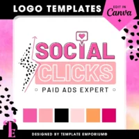 Social clicks logo templates for paid ads experts | Bold and playful Canva logo template for social media marketers and paid ads experts. Features modern typography with a mix of outlined and filled fonts in vibrant shades of hot pink, coral, black, and peach. Includes trendy graphic elements like a heart chat bubble and Memphis-style shapes. Perfect for digital marketers, social media strategists, ad managers, and online business coaches wanting a fun and high-converting brand identity. Designed by Template Emporium.