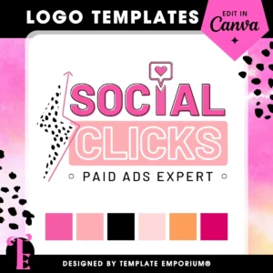 Social clicks logo templates for paid ads experts | Bold and playful Canva logo template for social media marketers and paid ads experts. Features modern typography with a mix of outlined and filled fonts in vibrant shades of hot pink, coral, black, and peach. Includes trendy graphic elements like a heart chat bubble and Memphis-style shapes. Perfect for digital marketers, social media strategists, ad managers, and online business coaches wanting a fun and high-converting brand identity. Designed by Template Emporium.