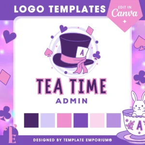 “Tea Time Admin” logo template for virtual assistants, featuring a whimsical purple Mad Hatter-style top hat with a pink ribbon and playing card detail. Includes playful heart, spade, club, and diamond icons, a coordinating pastel colour palette (purple, lilac, blush pink, and lavender), and an editable Canva badge. Ideal for quirky and creative VAs seeking a fun, Wonderland-inspired brand identity. Designed by Template Emporium.