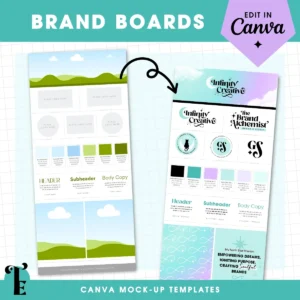 Editable Canva brand board mock-up template for female entrepreneurs – showcase your logo, colour palette, fonts, and brand elements in a professional, easy-to-edit visual guide. Perfect for creating cohesive branding for small businesses and coaches.
