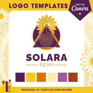 Logo template for reiki practitioners | Canva editable logo template for Reiki practitioners featuring a mystical sunflower and spiral triangle design in rich purple, gold, and burnt orange tones. Includes 5 matching logos and a colour palette, designed by Template Emporium.