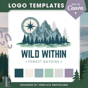 Logo templates for forest bathing | Editable Canva logo template for forest bathing guides and nature coaches, featuring a mountain landscape, compass illustration, and earthy colour palette. Includes six logo colour swatches in forest green, sage, lavender, and soft neutrals. Designed by Template Emporium for spiritual and wellness-based branding.